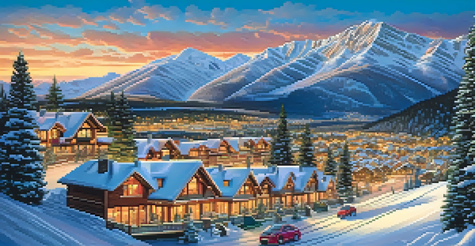 A picturesque winter landscape of Aspen, Colorado, with snow-covered mountains, skiers on the slopes, and a vibrant ski resort town illuminated by sunset.