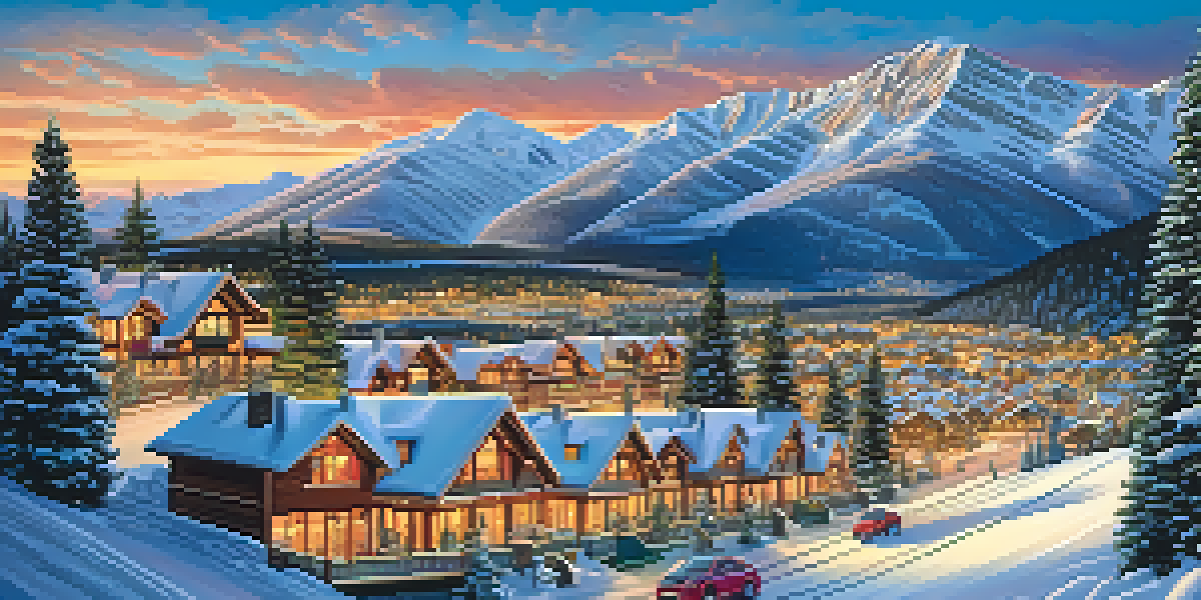 A picturesque winter landscape of Aspen, Colorado, with snow-covered mountains, skiers on the slopes, and a vibrant ski resort town illuminated by sunset.