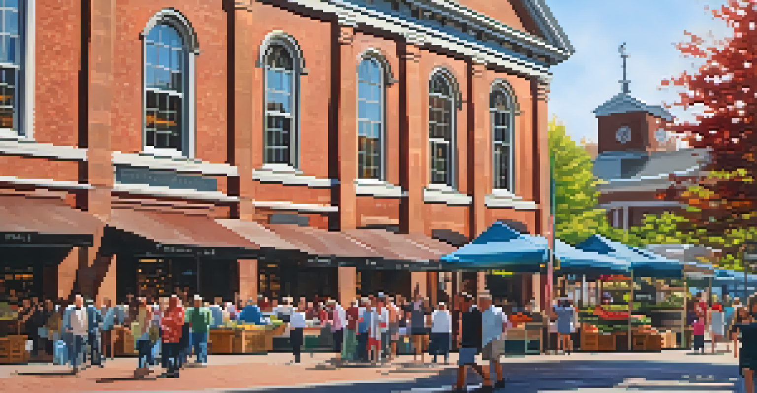 A lively street scene outside Faneuil Hall, with vendors, performers, and historic architecture.