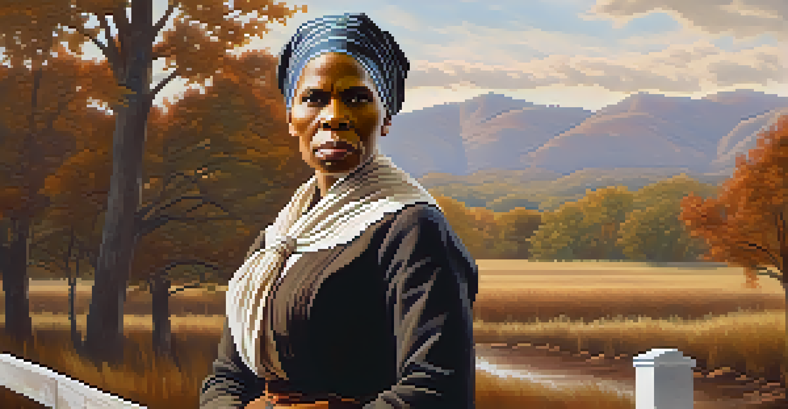 Portrait of Harriet Tubman in period clothing, gesturing towards the horizon with a strong and resilient expression against a historic landscape.