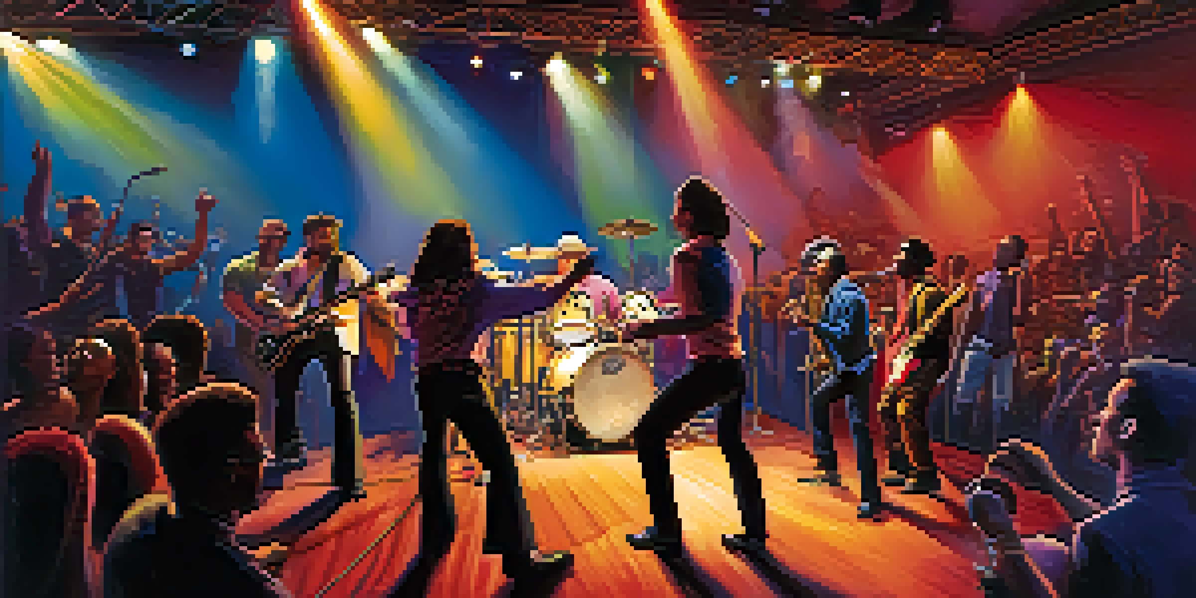 A dynamic live music performance with a band engaging the audience and colorful lights in a crowded venue.