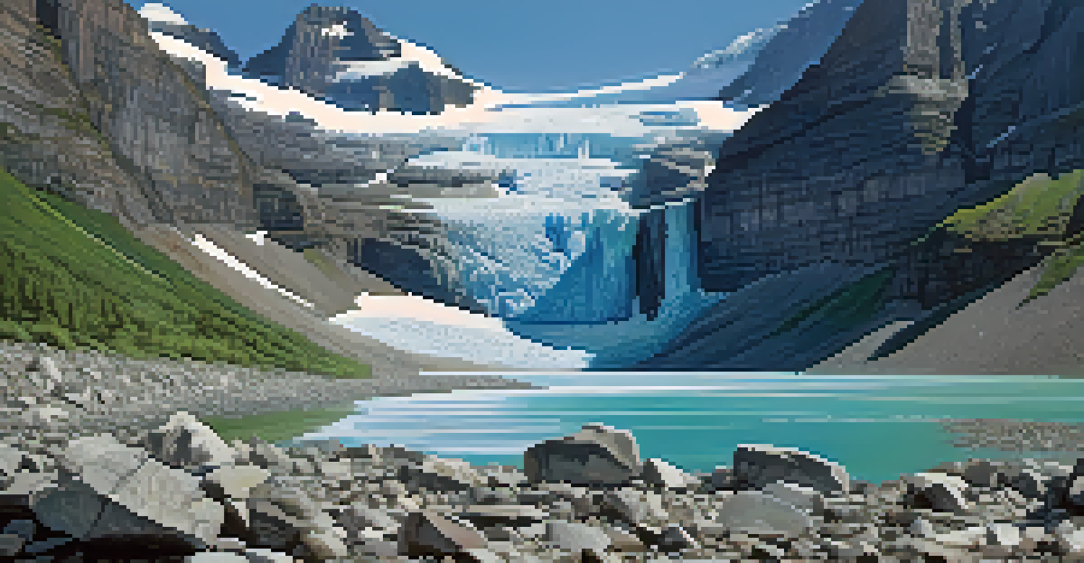 Close-up view of Grinnell Glacier showcasing blue ice and rocky terrain, with sunlight glinting on the surface.