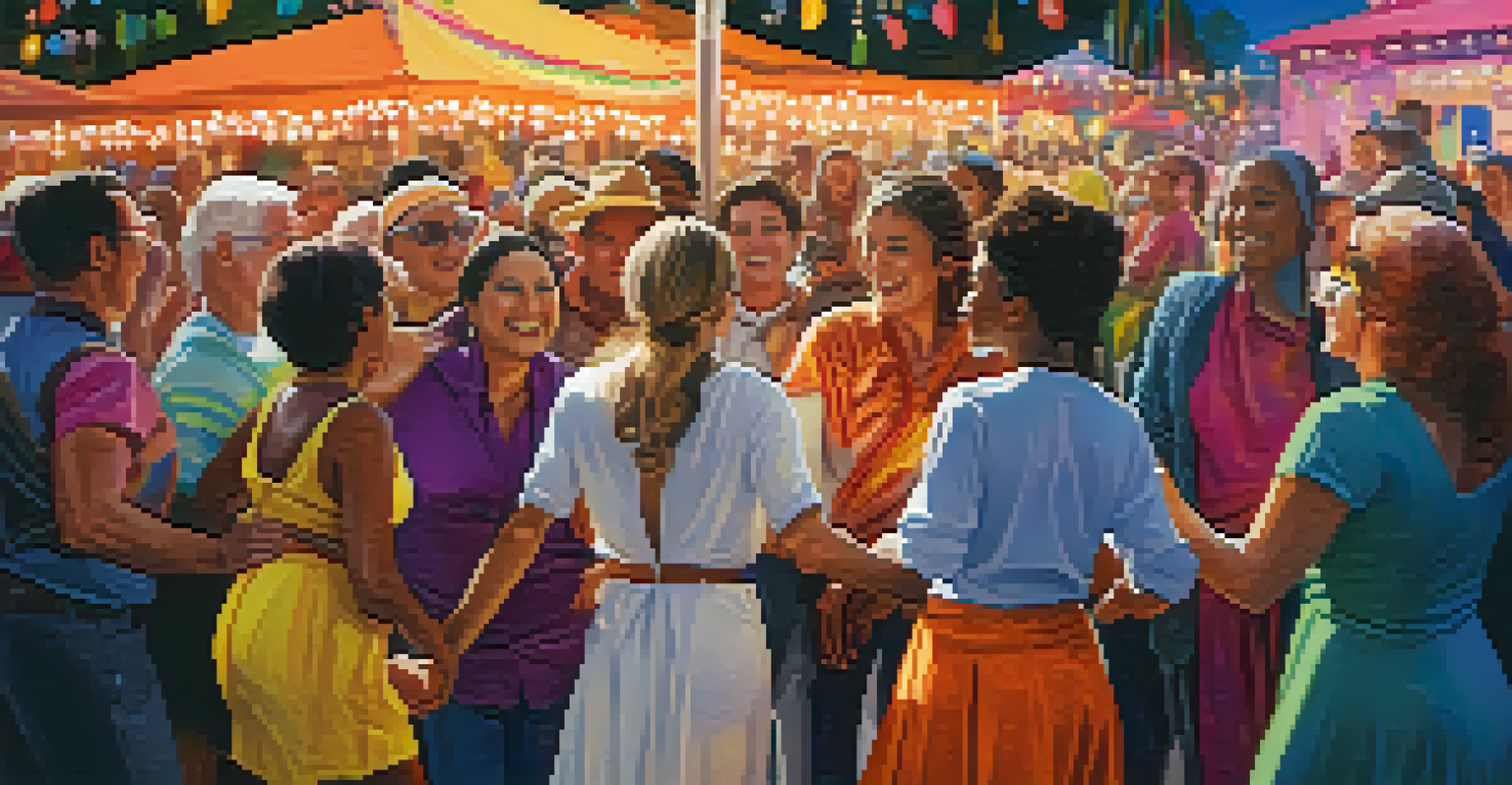 A diverse group of festival-goers dancing joyfully in a vibrant atmosphere.