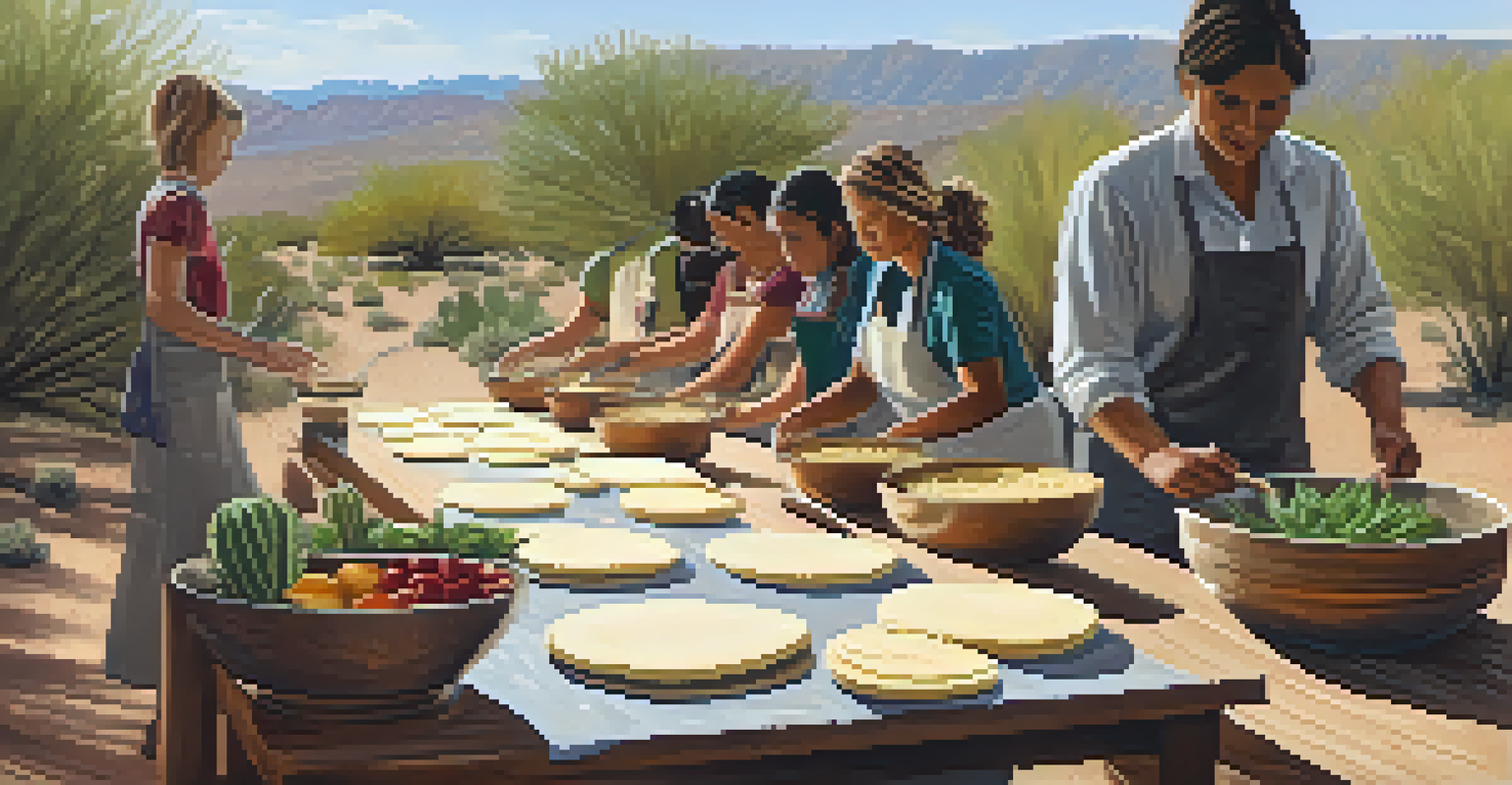 Participants in an outdoor cooking class making tortillas, with a desert landscape in the background.