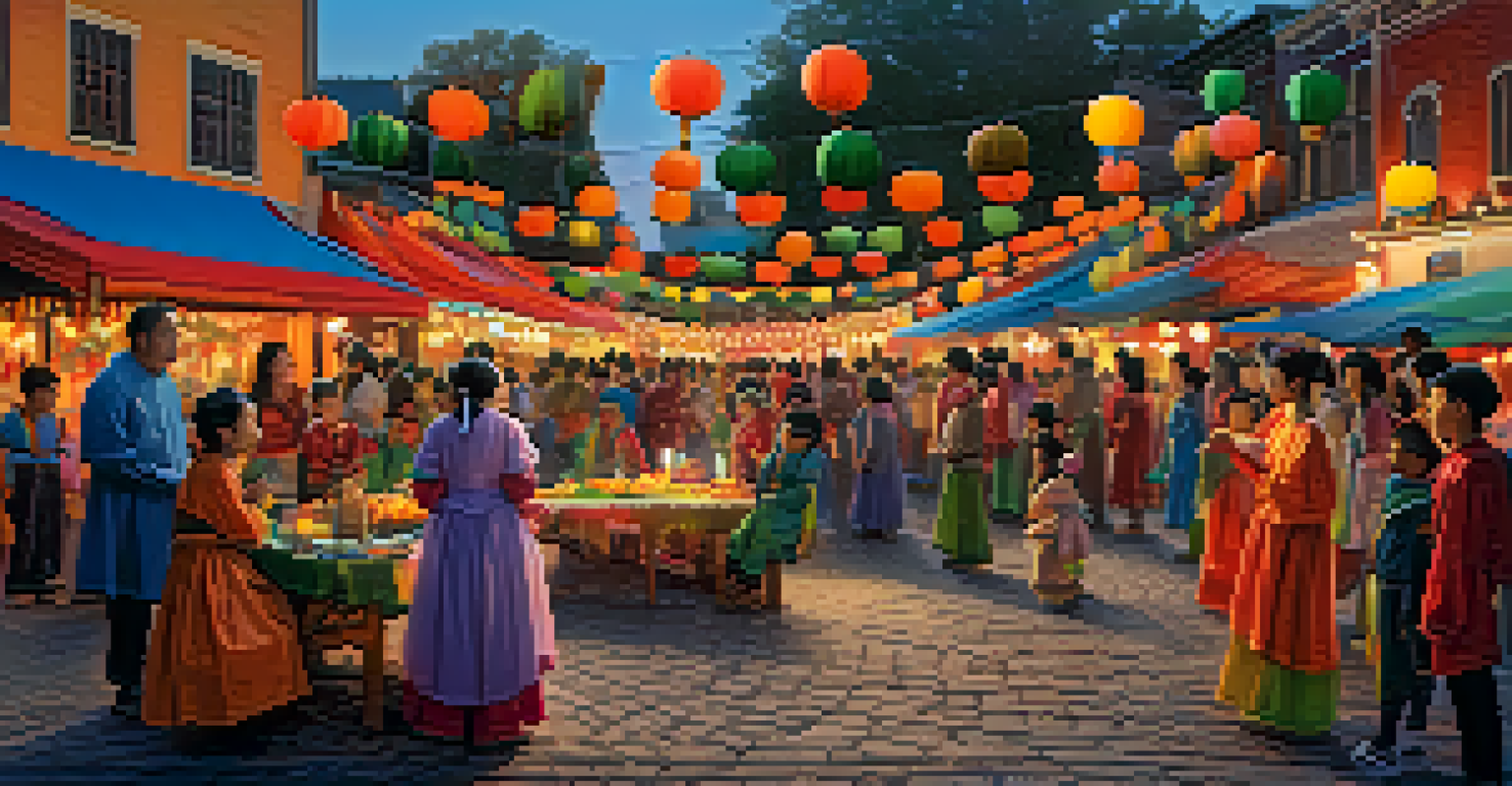 A lively ghost festival in a town square with colorful decorations and a storyteller sharing ghost tales.
