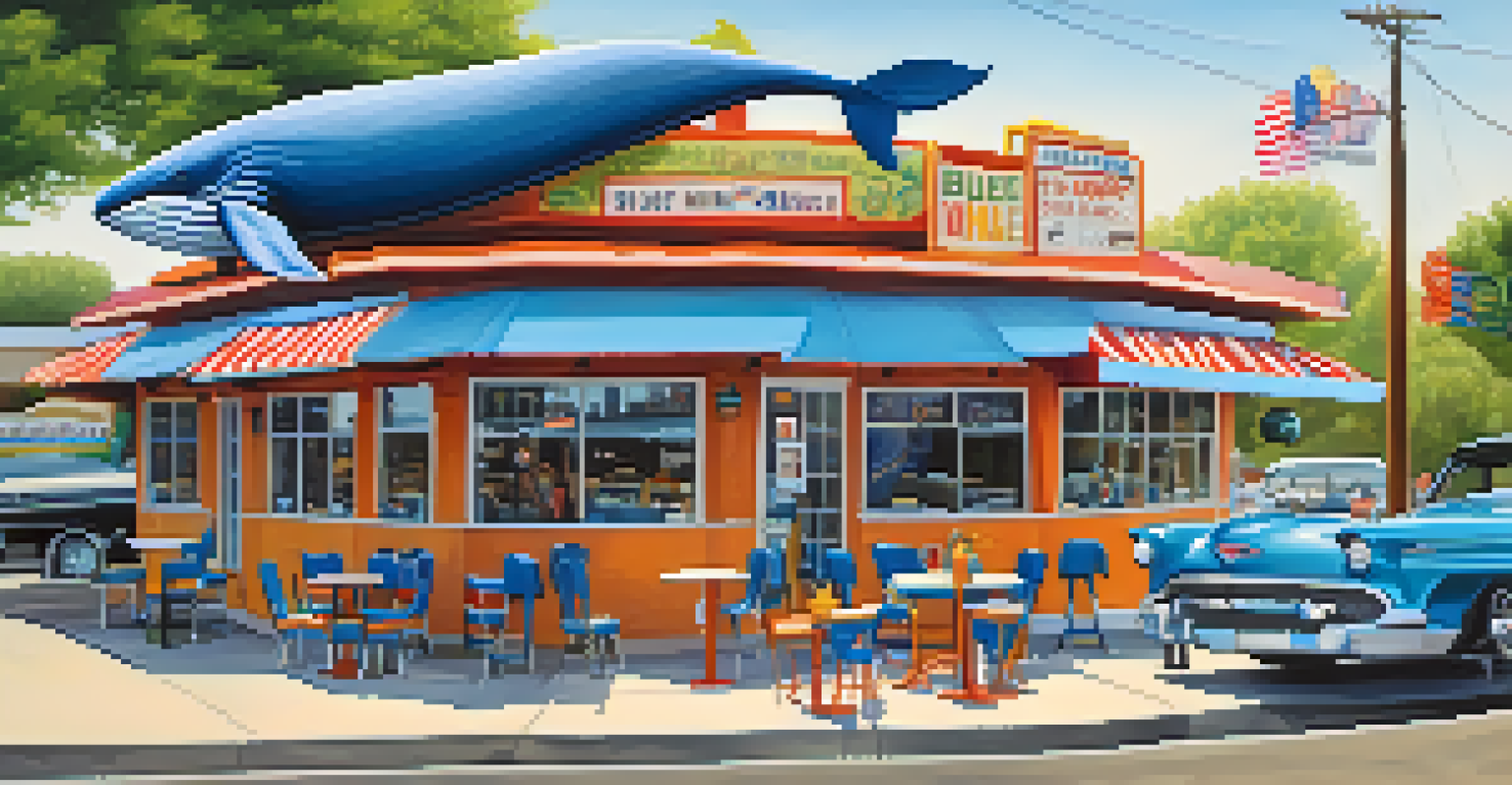 A quirky dining scene at The Blue Whale Diner in Catoosa, showcasing visitors and iconic decor.