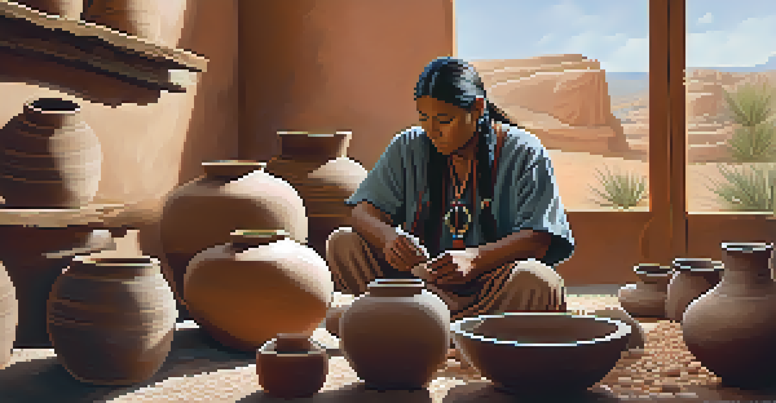 A Native American potter shaping clay under natural light, surrounded by beautifully decorated pottery, highlighting the craftsmanship and natural materials.