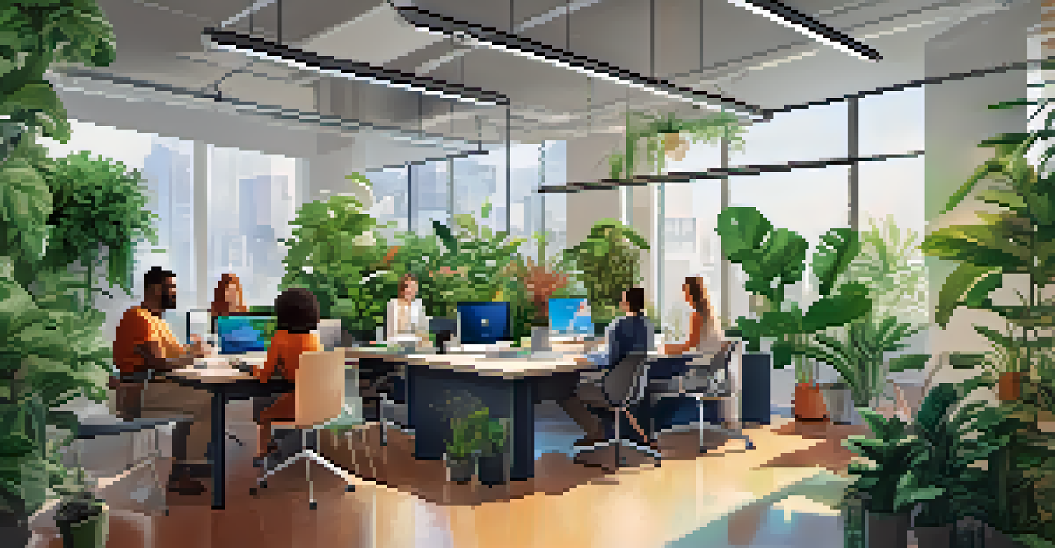 Young professionals collaborating in a modern office, showcasing diversity and teamwork in a vibrant workspace.