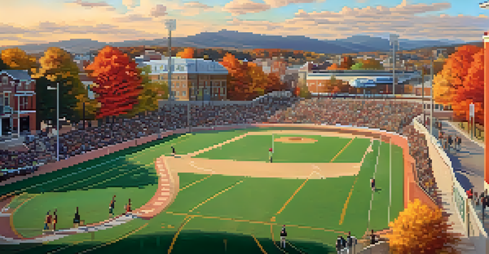 A beautiful sports heritage trail in a city during sunset, showcasing historical landmarks and autumn foliage.