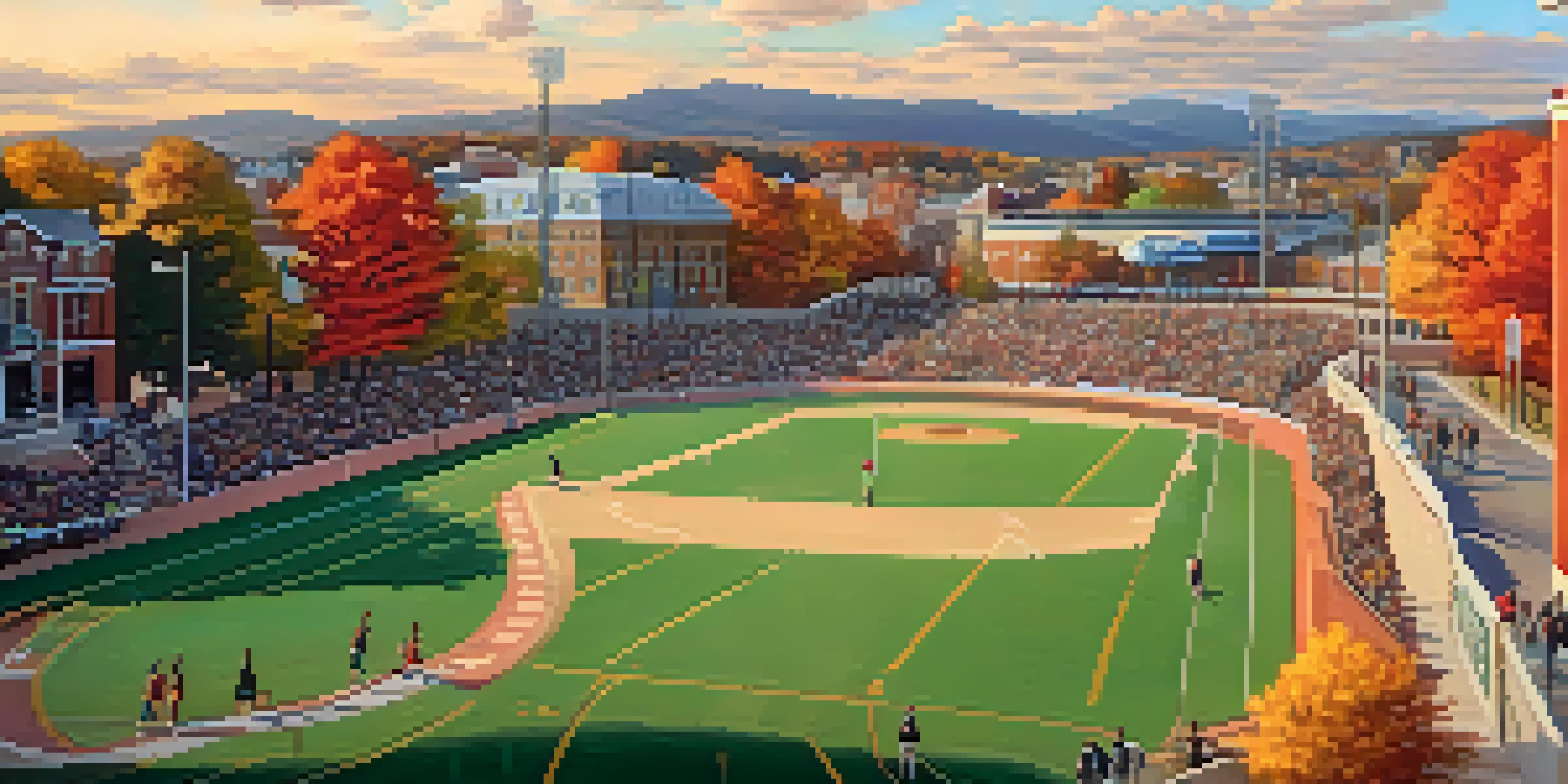 A beautiful sports heritage trail in a city during sunset, showcasing historical landmarks and autumn foliage.