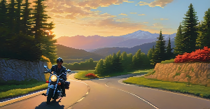 A winding road with a motorcycle parked at sunset, surrounded by lush greenery and distant mountains.