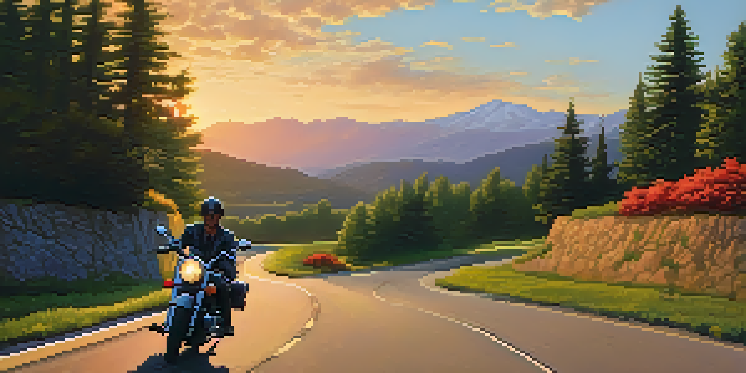 A winding road with a motorcycle parked at sunset, surrounded by lush greenery and distant mountains.