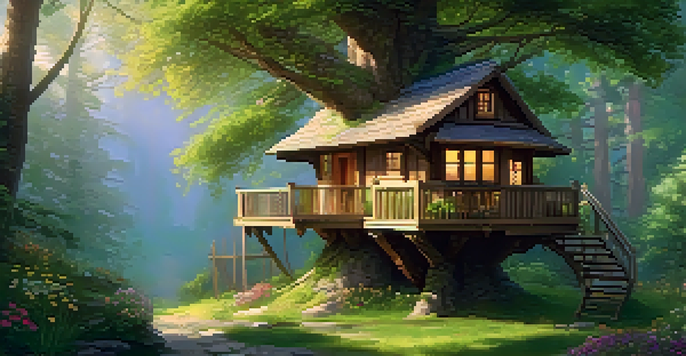 A charming treehouse surrounded by vibrant greenery, with sunlight shining through the leaves and colorful flowers on the balcony.