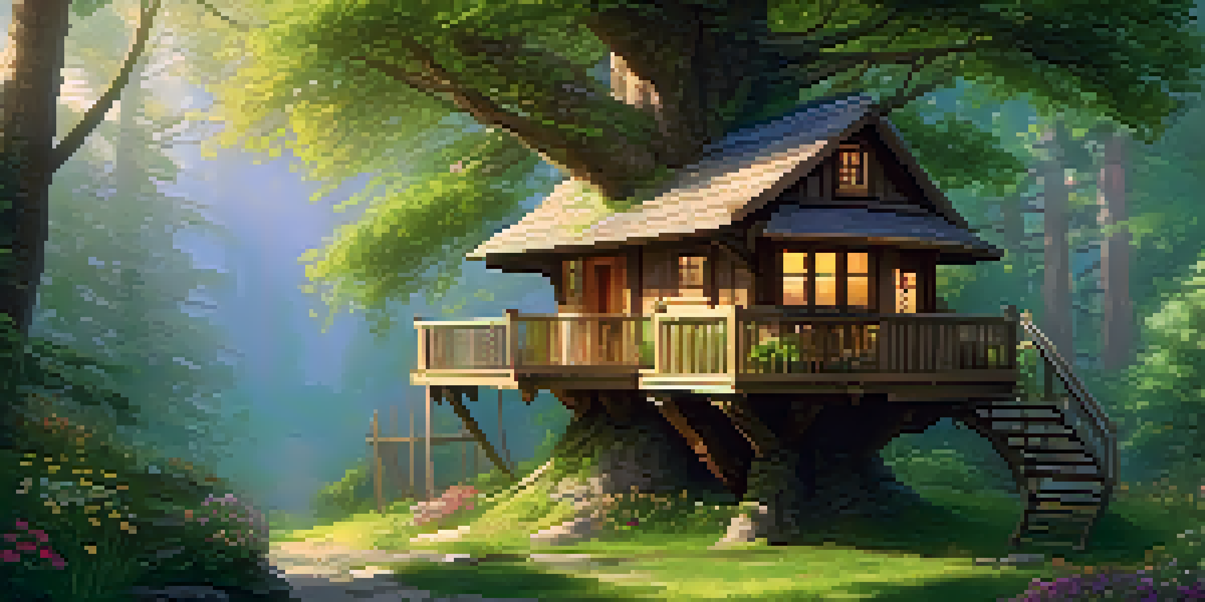 A charming treehouse surrounded by vibrant greenery, with sunlight shining through the leaves and colorful flowers on the balcony.