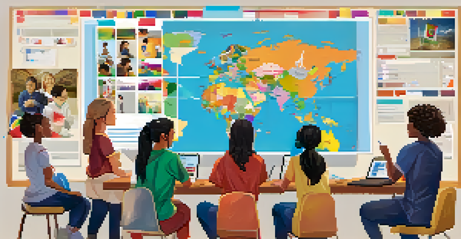 Students in a bright classroom participating in a virtual exchange, collaborating on a project with international peers shown on the screen.