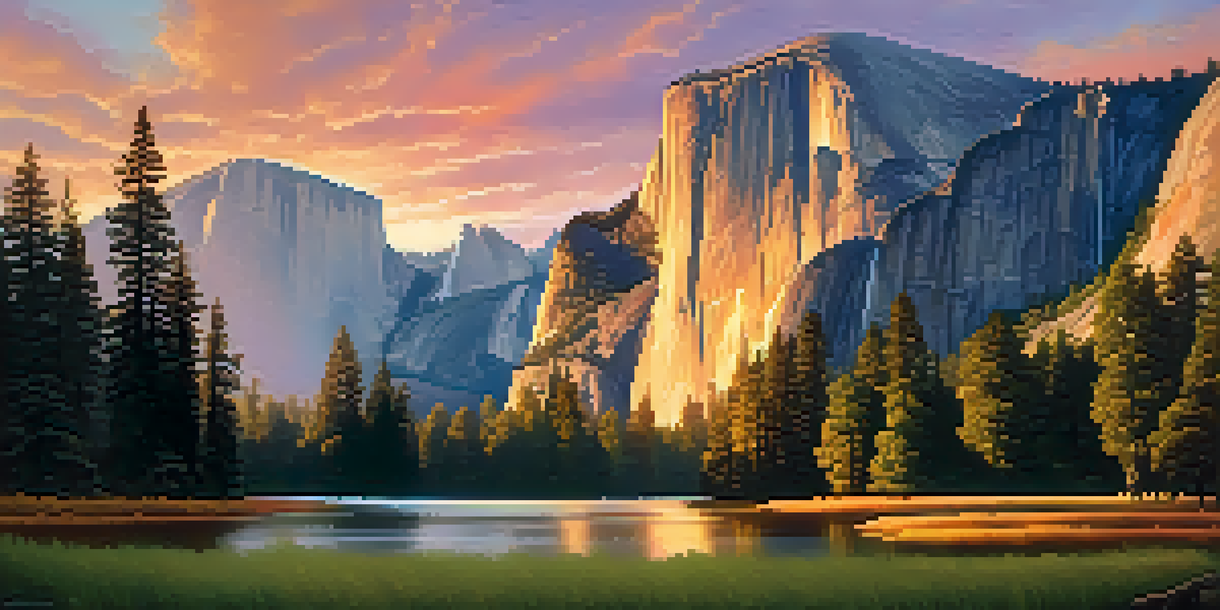 A stunning sunset view of Yosemite National Park with granite cliffs, a lake, and lush meadows.