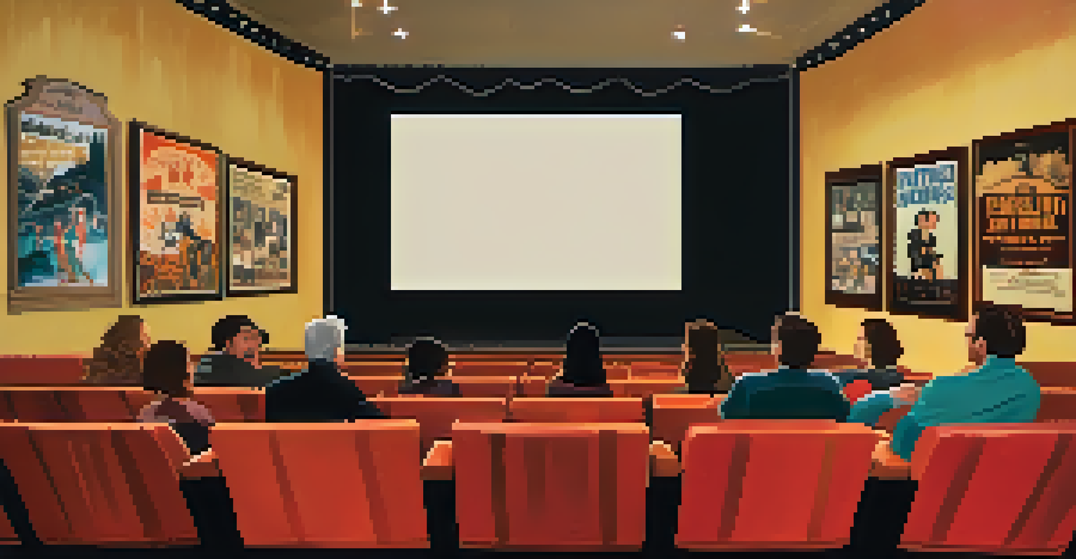 An intimate indoor film screening at a small theater, with vintage movie posters and a cozy atmosphere, featuring a group discussing the film.