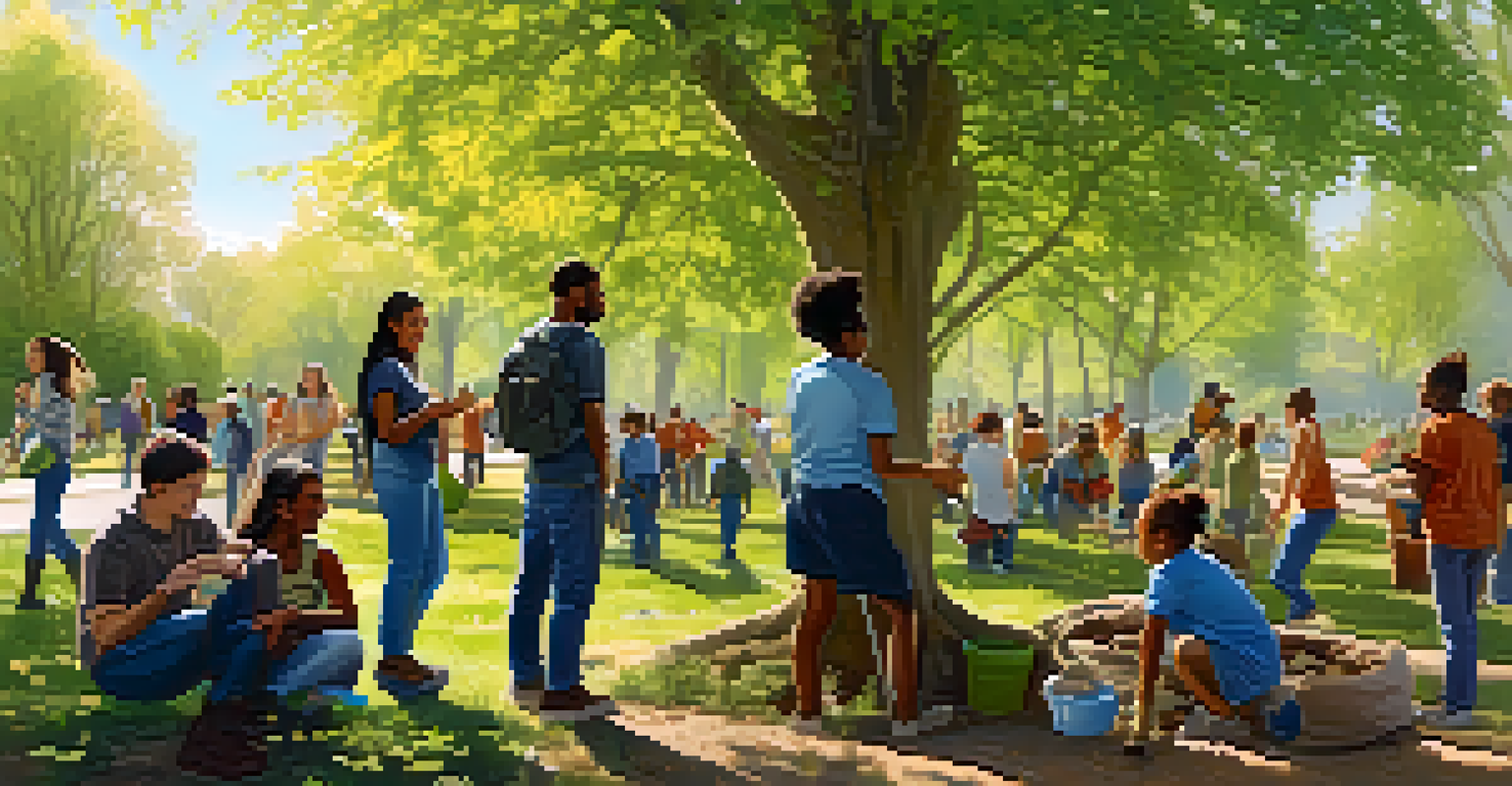 A community gathering for Earth Day where people are planting trees and cleaning up, promoting environmental stewardship in a sunny park.