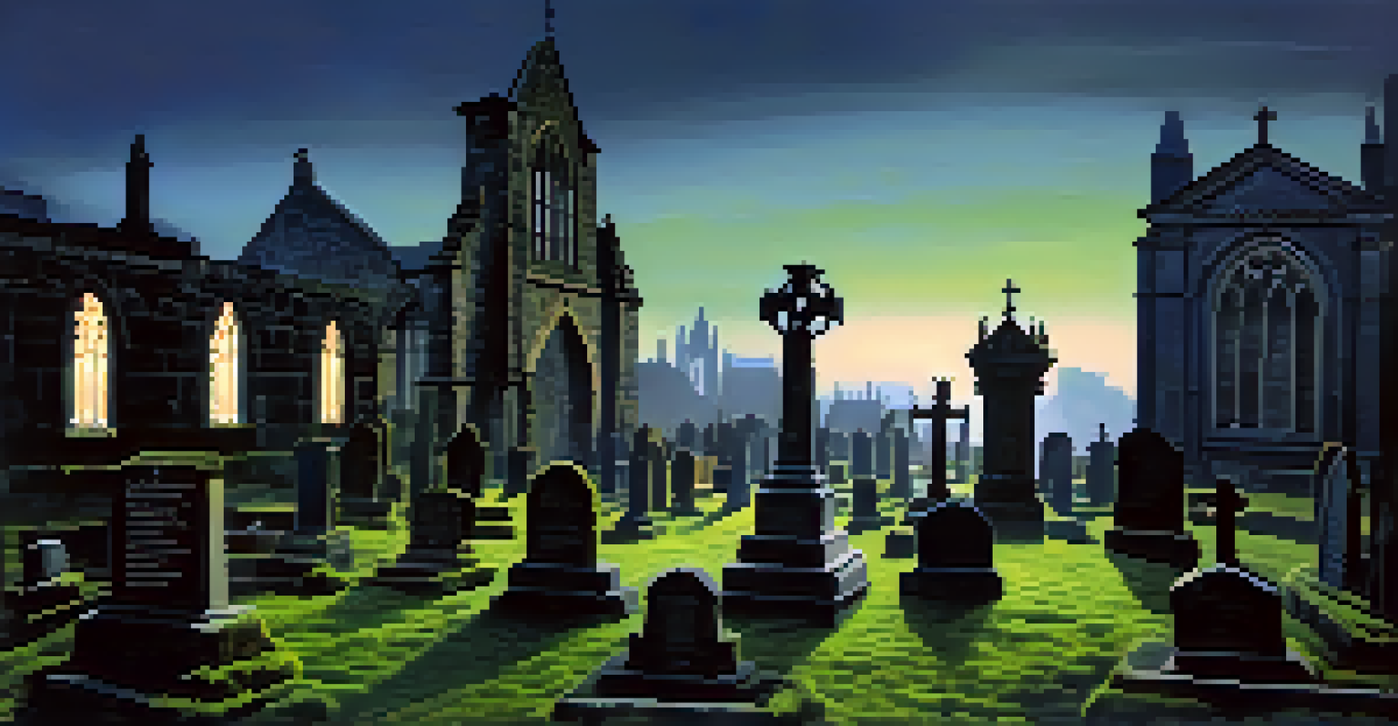 The Greyfriars Kirkyard in Edinburgh at dusk, with moss-covered gravestones and a misty atmosphere, featuring a shadowy figure.