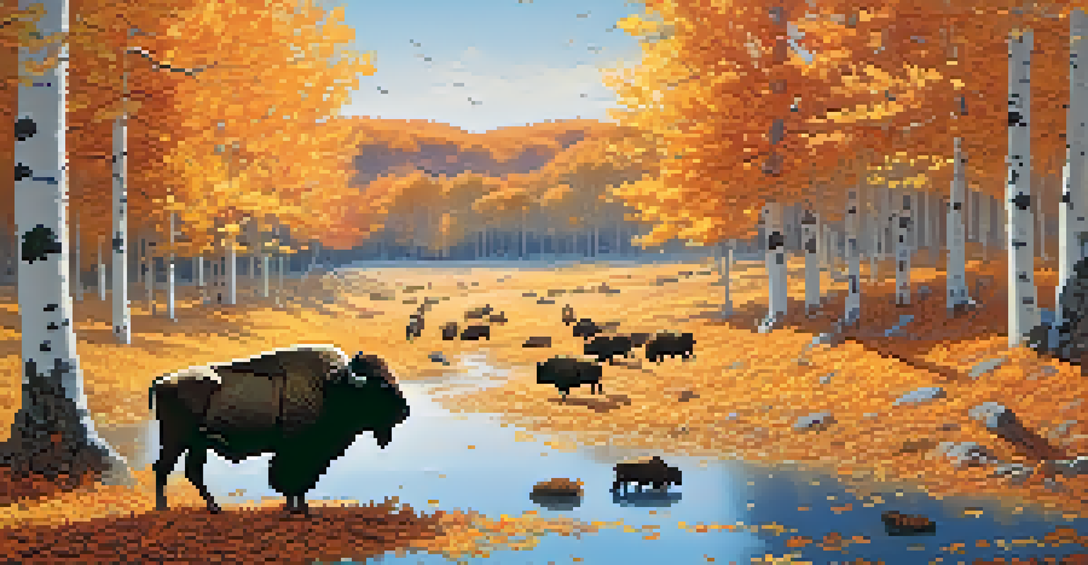 An autumn landscape in a national park with colorful leaves, migratory birds flying, and a bison in the foreground.