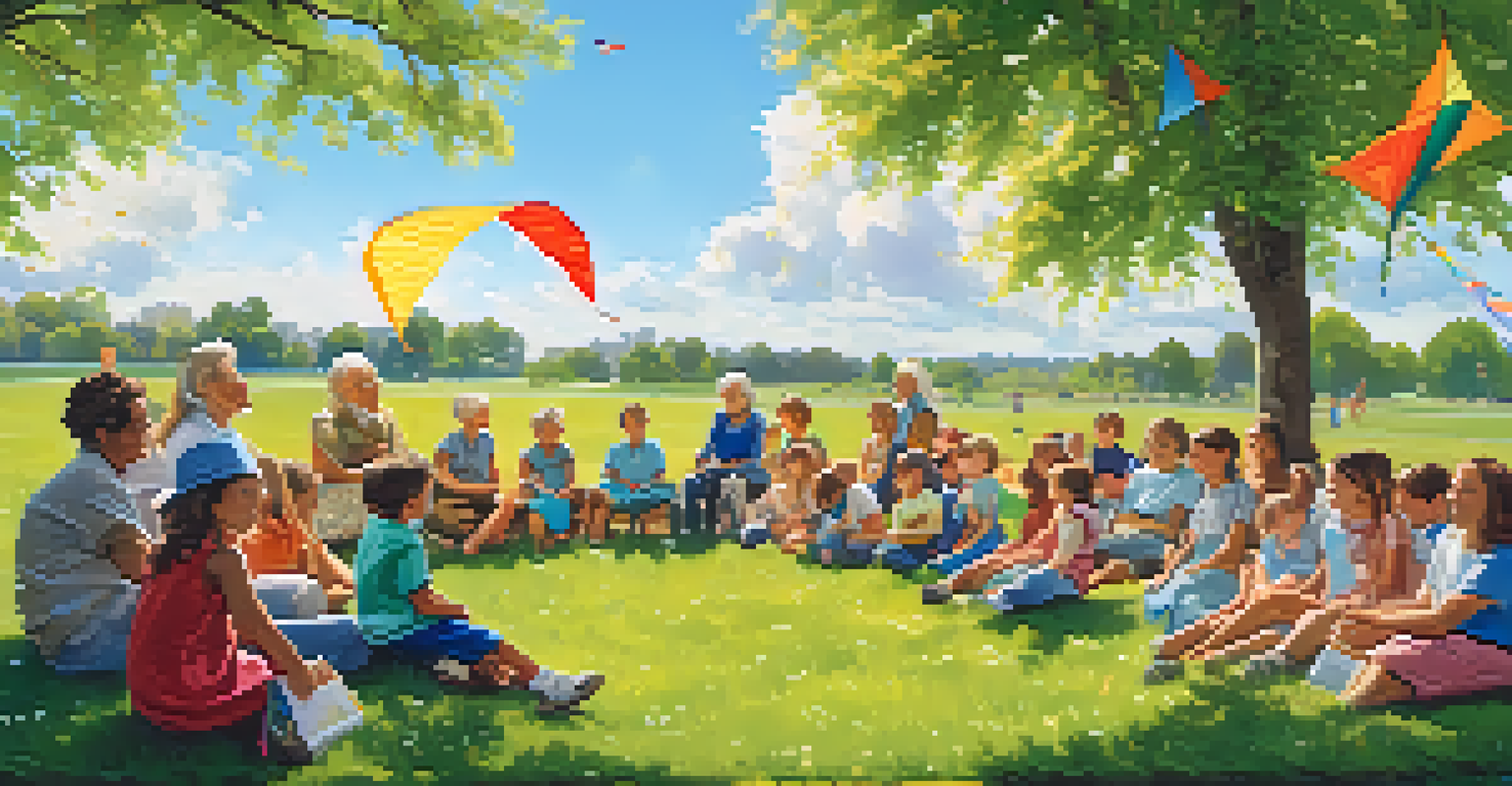 An elderly woman sharing stories with children in a sunny park, surrounded by nature and colorful kites.