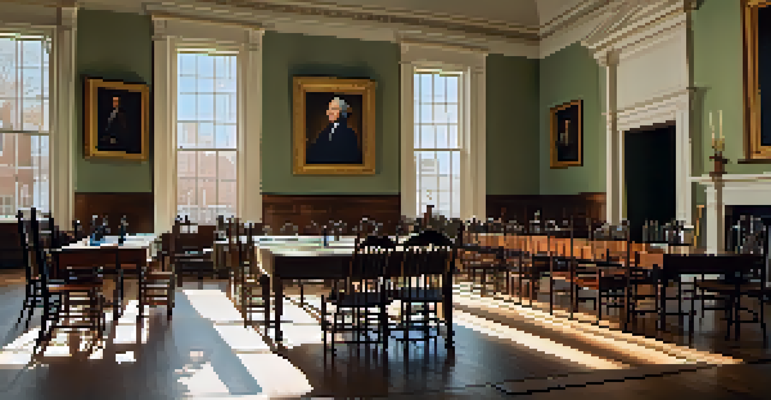 Interior of Independence Hall's Assembly Room, showcasing period furniture and sunlight streaming through tall windows.