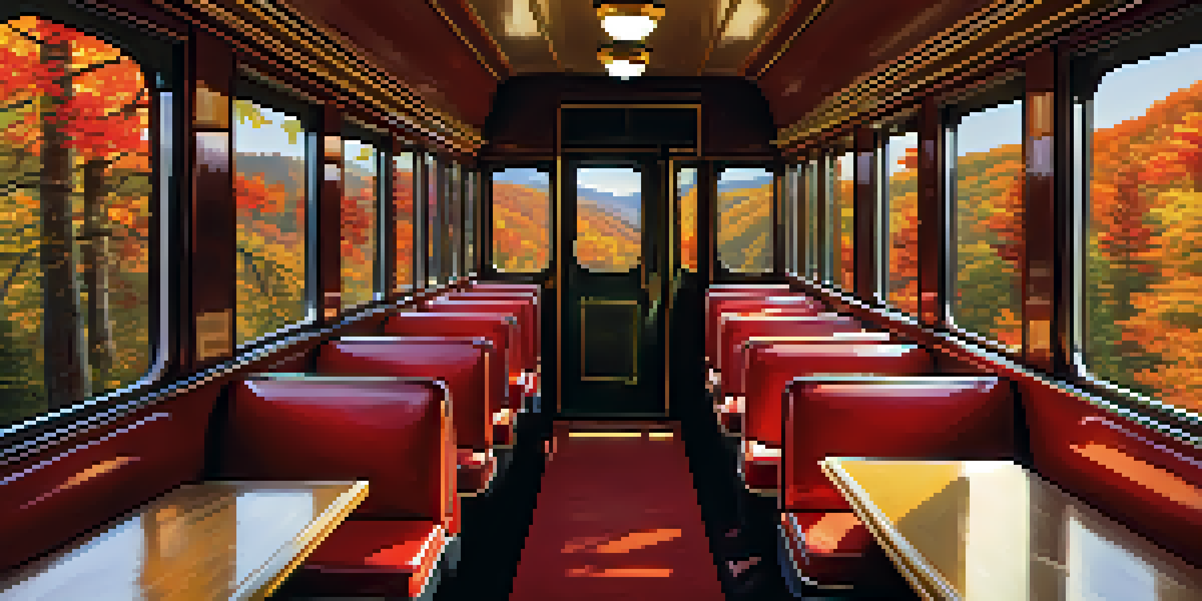 Interior of a vintage train car with panoramic windows showing vibrant autumn foliage in the Smoky Mountains.
