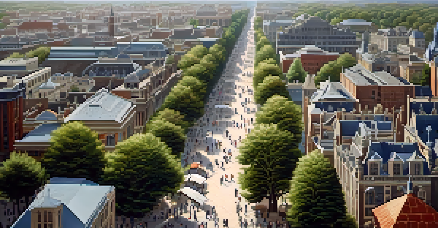 An aerial view of a historical cityscape with a cultural heritage trail leading to significant landmarks and people exploring.