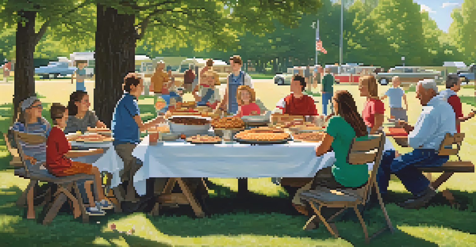 A lively outdoor potluck in a park with families around picnic tables filled with classic Midwest comfort foods, surrounded by trees and a blue sky.