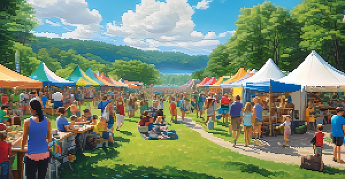 A lively outdoor festival with families participating in hiking, zip-lining, and canoeing under a bright blue sky.