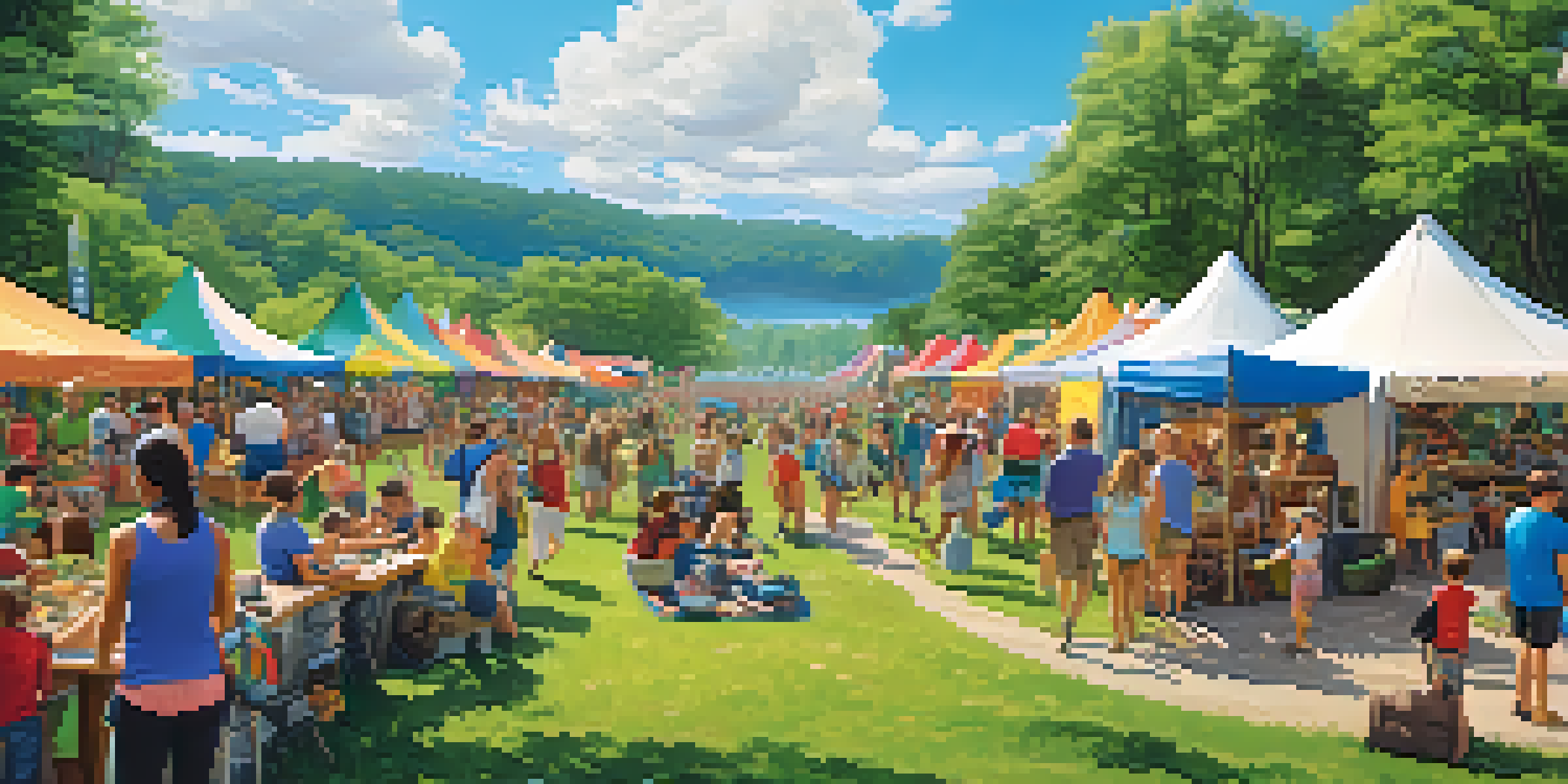 A lively outdoor festival with families participating in hiking, zip-lining, and canoeing under a bright blue sky.