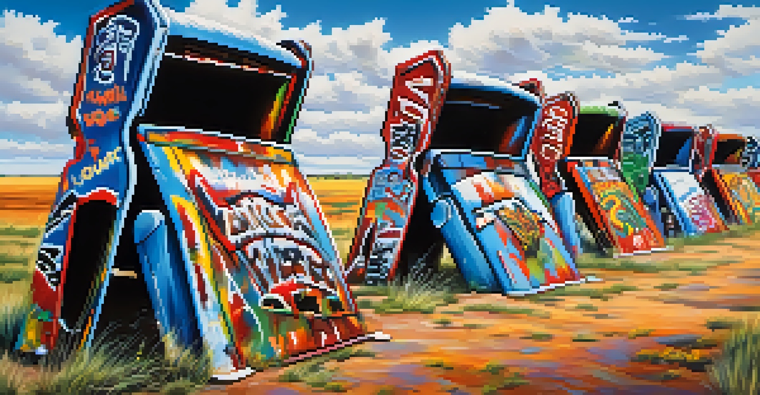 Colorful graffiti-covered Cadillacs at Cadillac Ranch in Amarillo, Texas, set against a bright blue sky and open fields.