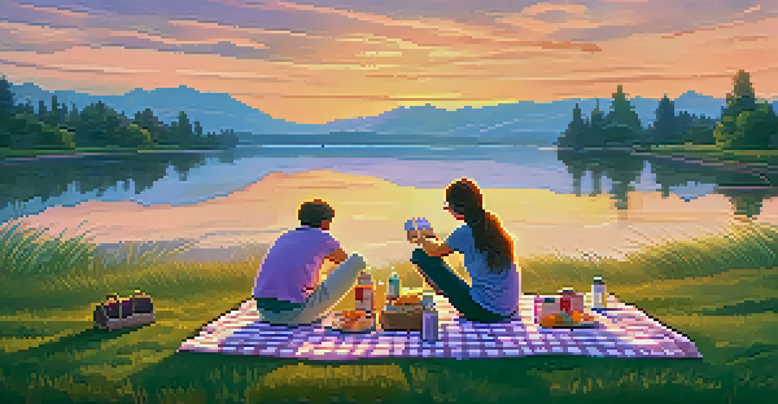 A picnic setup with snacks on a blanket beside a lake at sunset, with a couple laughing and taking photos.