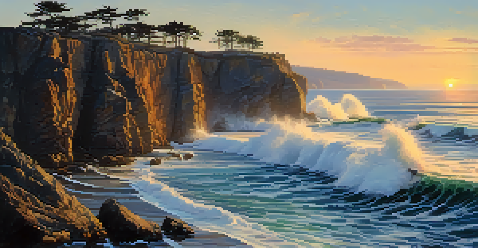 A stunning coastal cliff with crashing waves and a colorful dawn sky, featuring seagulls in flight.