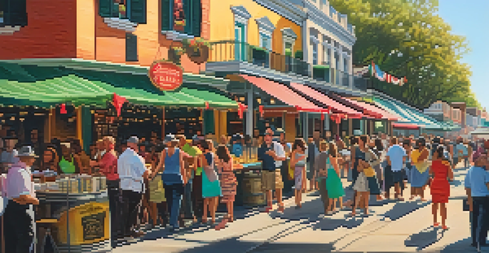 A lively food festival in New Orleans showcasing Cajun and Creole dishes, with musicians playing jazz and colorful decorations.