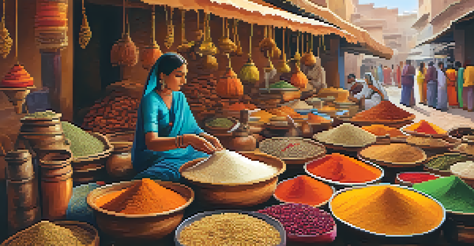 A lively market in Rajasthan with a chef blending spices amidst colorful textiles and aromatic ingredients, reflecting the vibrant culture.