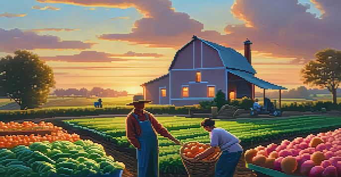 A family farm at sunset with a rustic farmhouse, vibrant crops, and a farmer tending to a garden.