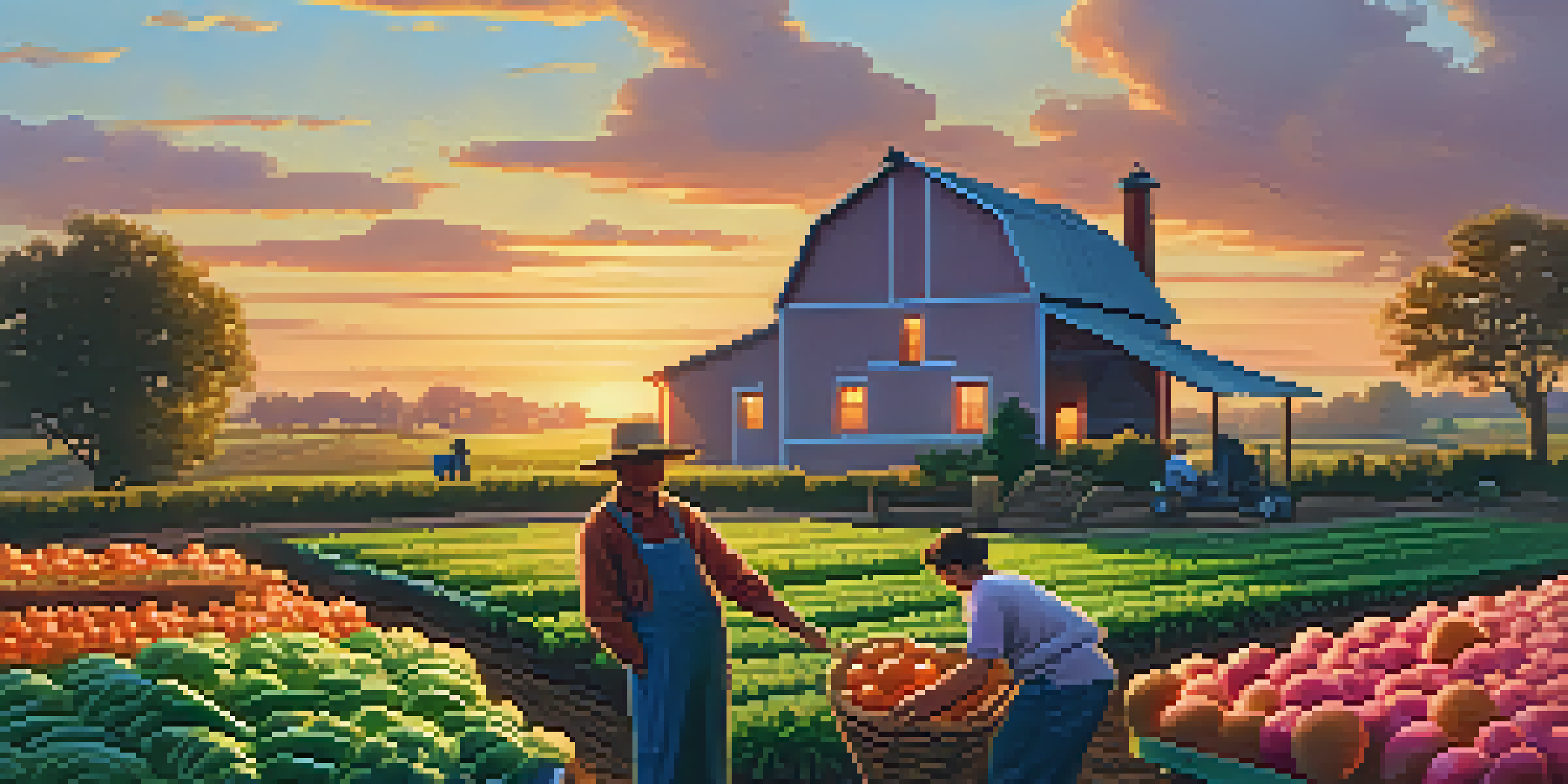 A family farm at sunset with a rustic farmhouse, vibrant crops, and a farmer tending to a garden.