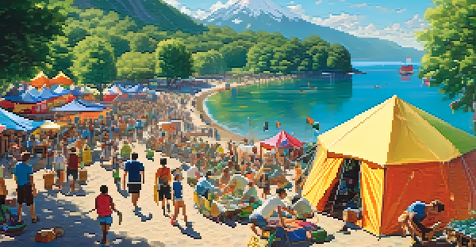 A lively outdoor festival with people engaged in rock climbing and kayaking, surrounded by green mountains and colorful tents.