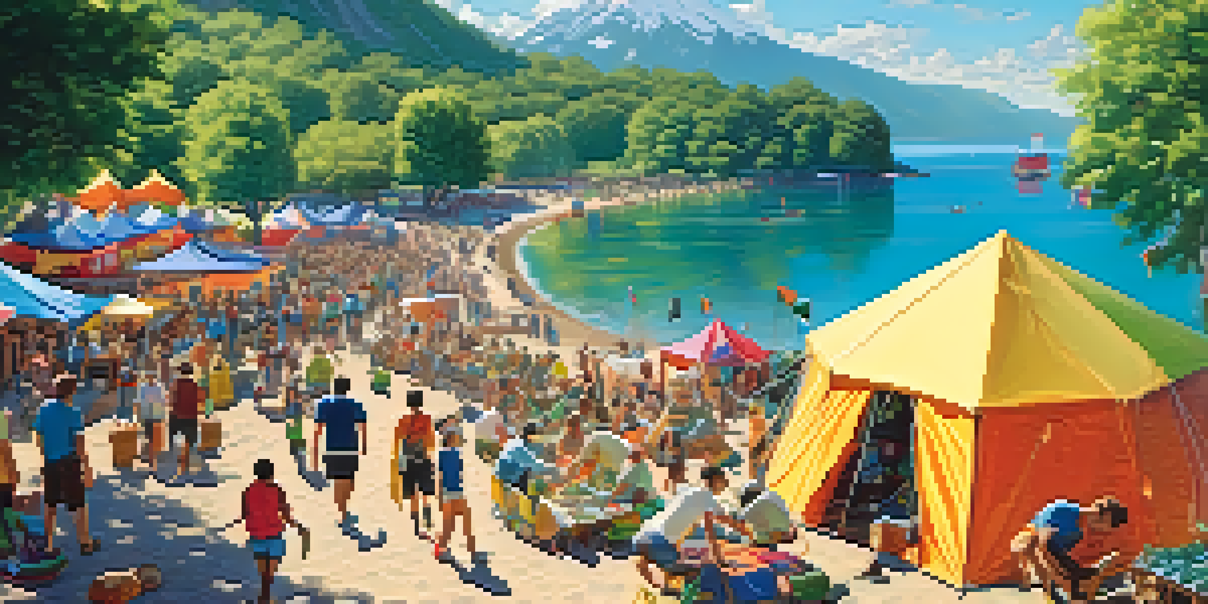 A lively outdoor festival with people engaged in rock climbing and kayaking, surrounded by green mountains and colorful tents.