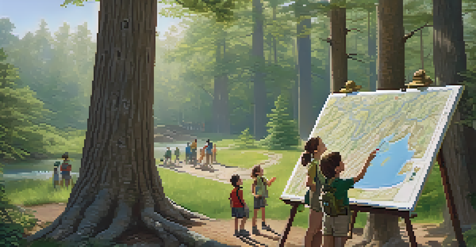 A park ranger teaching children about a national park using a large map, surrounded by trees.