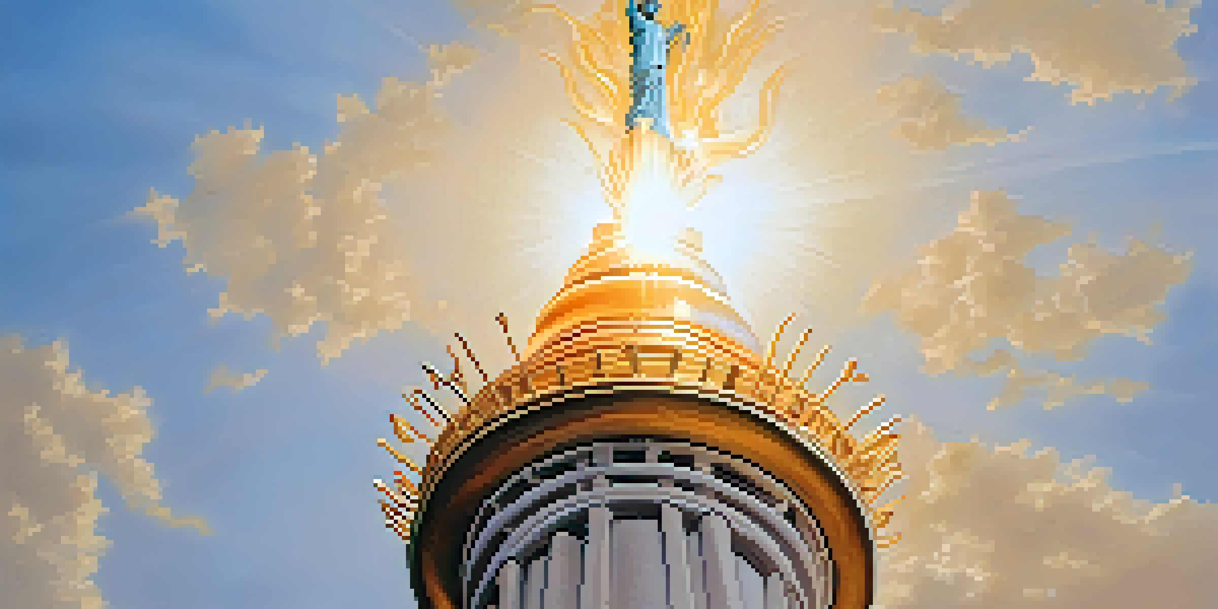 Close-up of the Statue of Liberty's torch, shining in the sunlight against a blue sky.