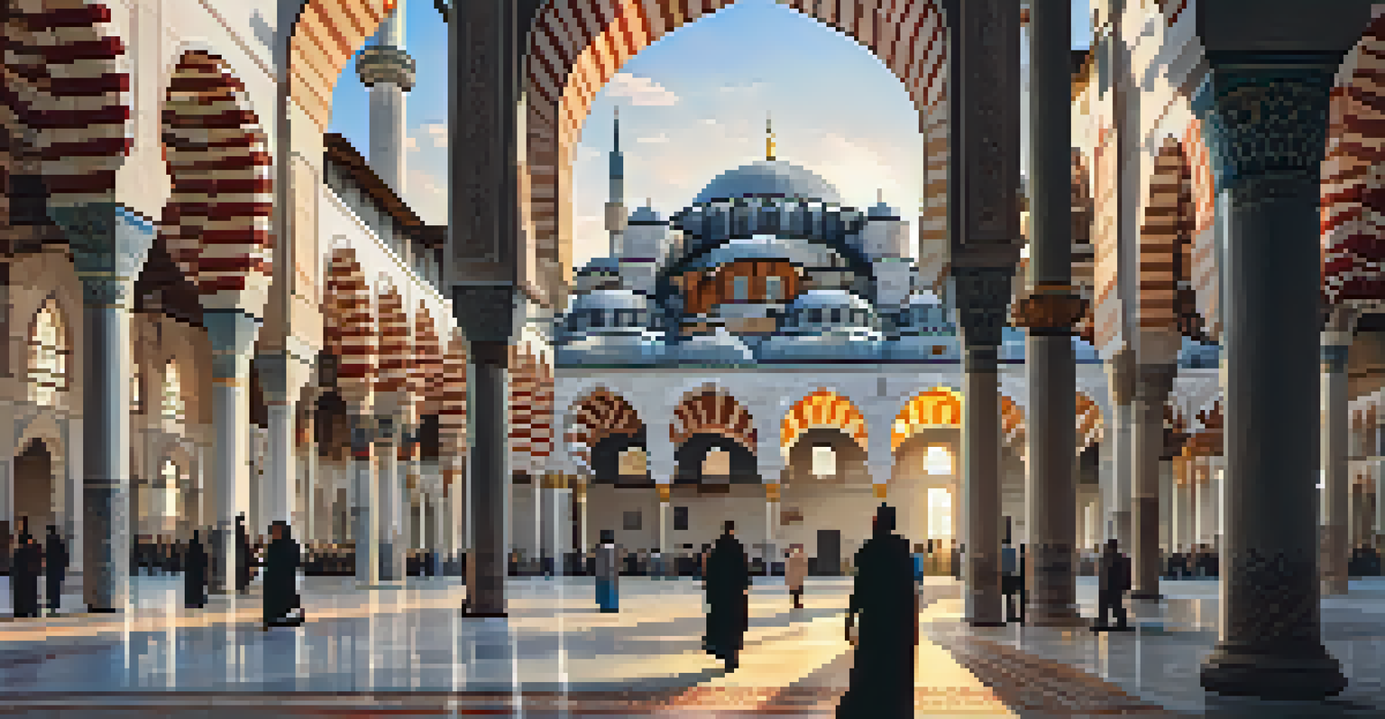 Interior view of the Süleymaniye Mosque, showcasing stained glass windows and calligraphy with sunlight filtering through.