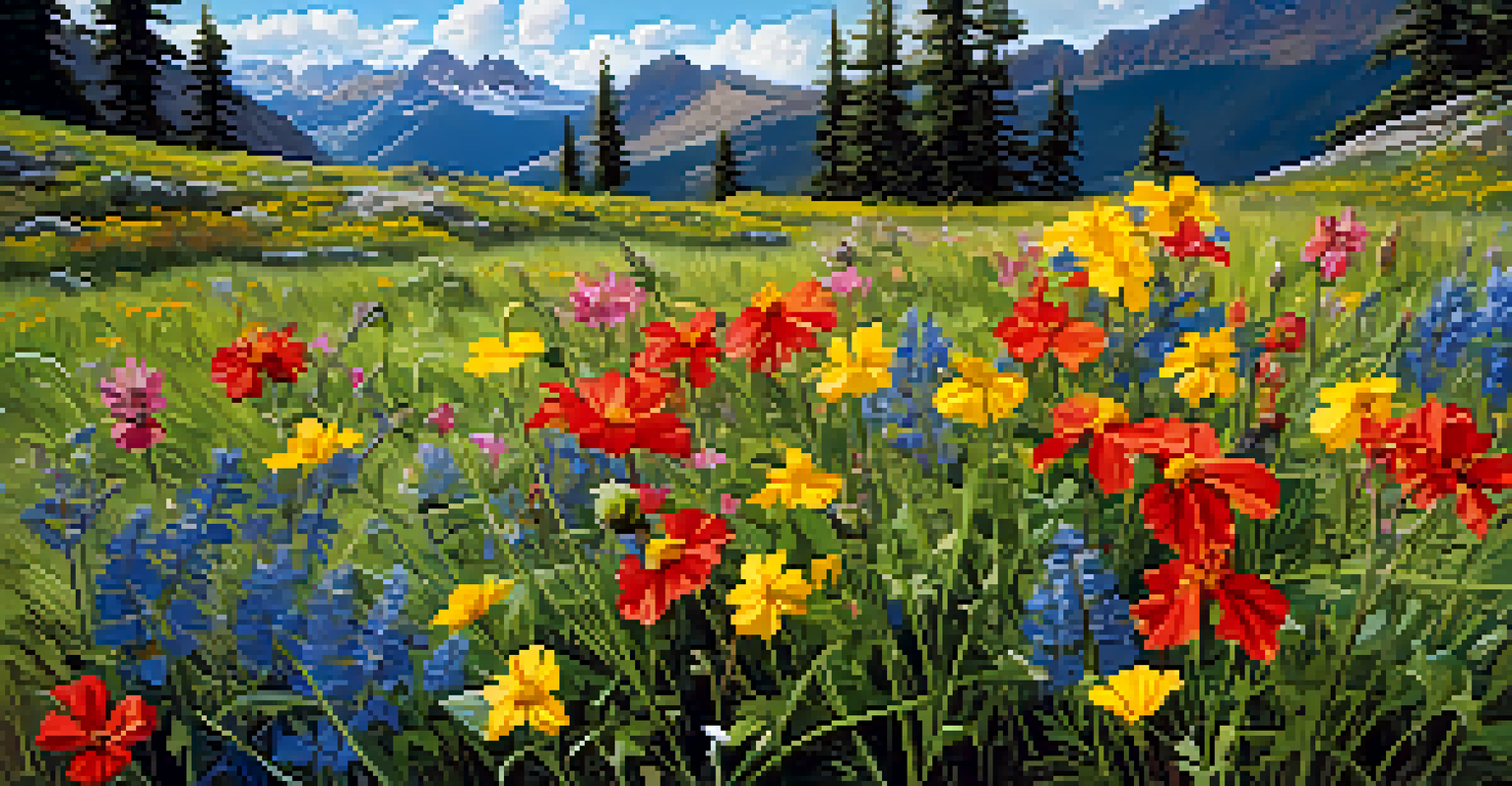 A close-up of colorful wildflowers in a national park, with mountains in the background.