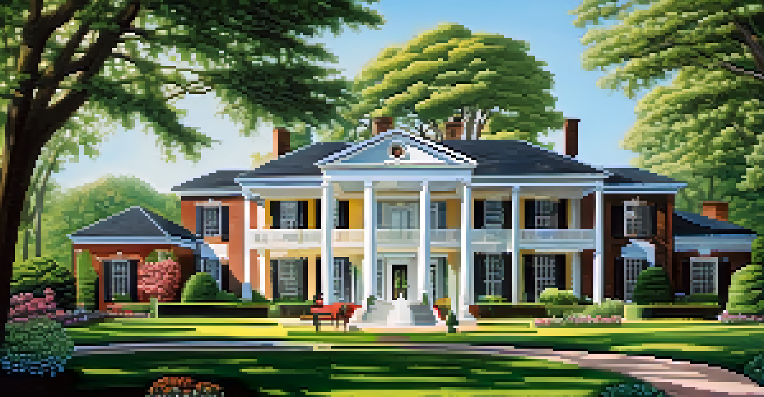 Graceland, the iconic home of Elvis Presley, with beautiful gardens and visitors exploring the property.