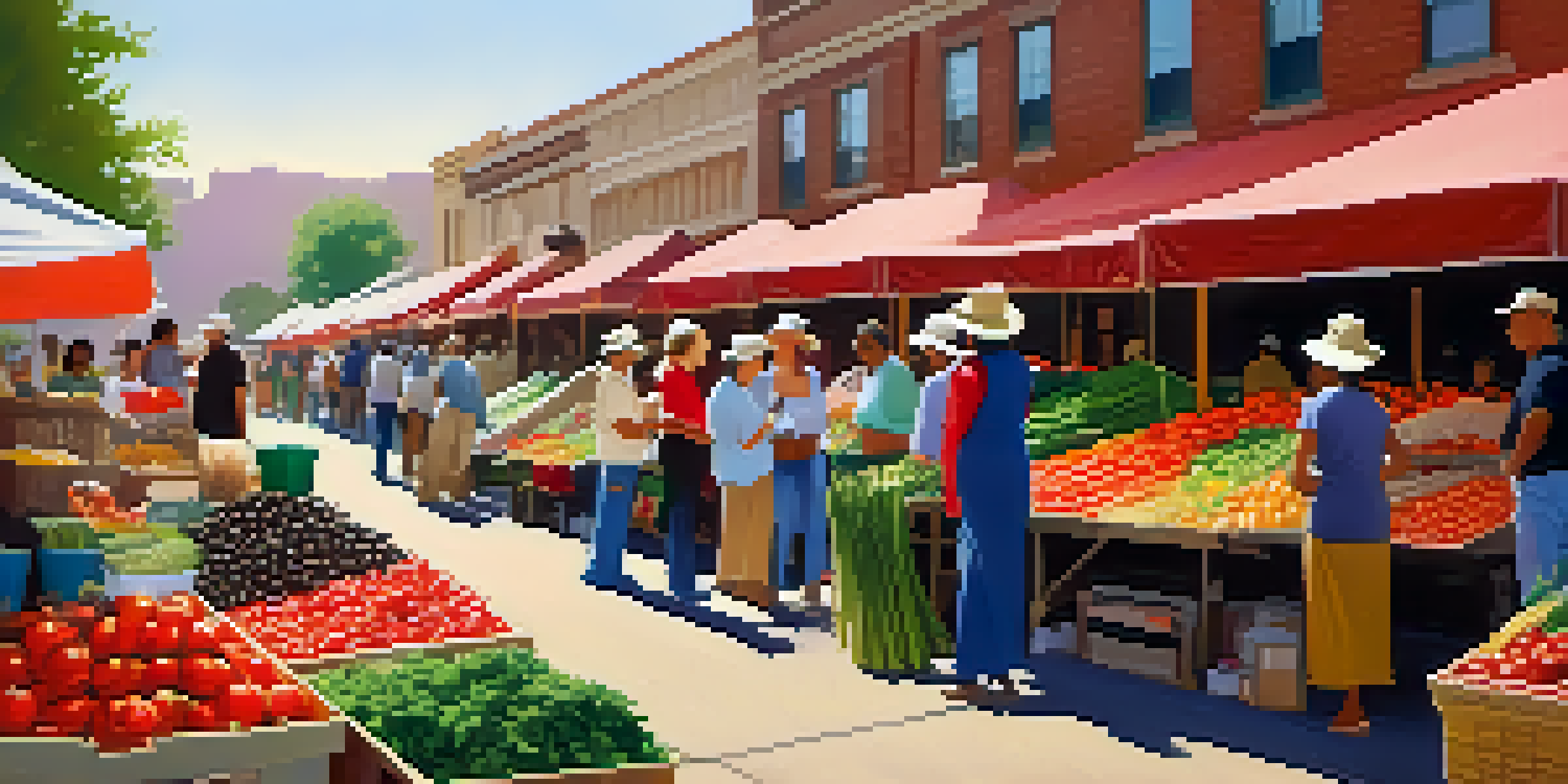 A bustling Southwestern market with colorful stalls filled with fresh produce and spices, illuminated by warm sunlight.