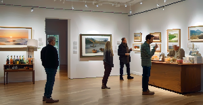 An inviting art gallery with people discussing photographs and a refreshment table in the corner.