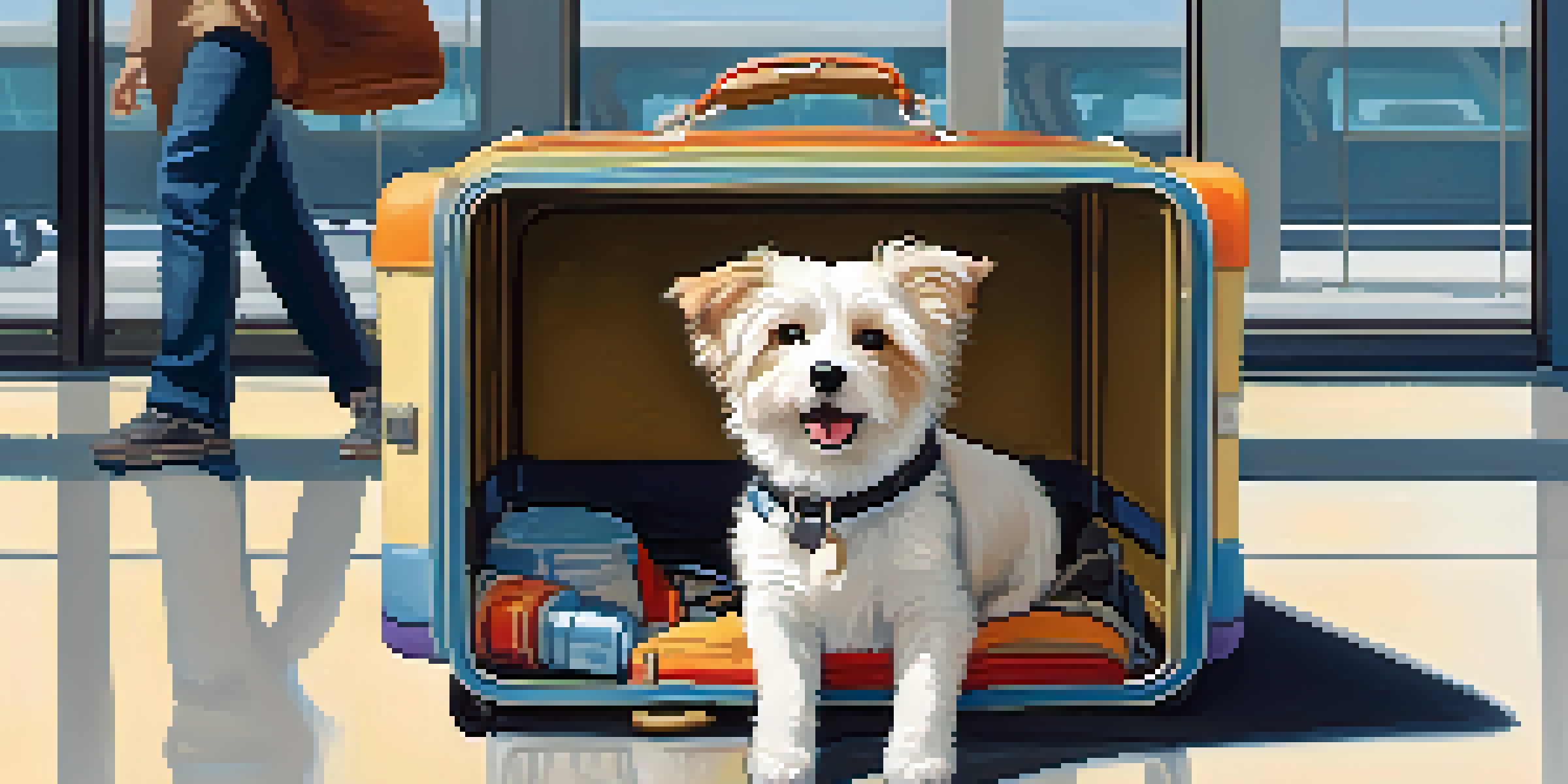 A small dog resting in a pet carrier at an airport, with sunlight streaming through windows and travelers in the background.