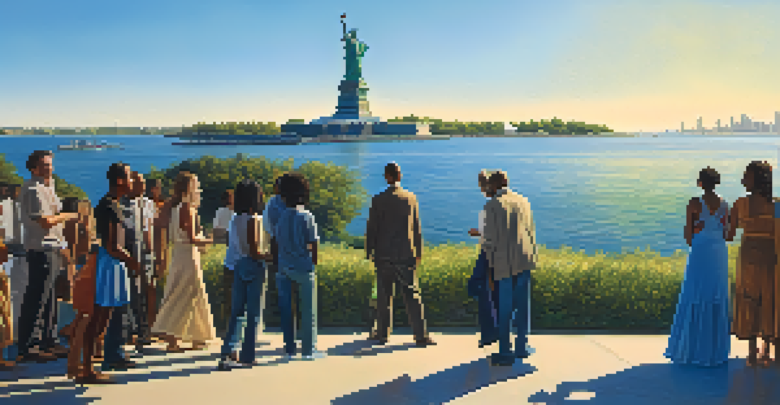 The Statue of Liberty illuminated by sunlight with people admiring it nearby.