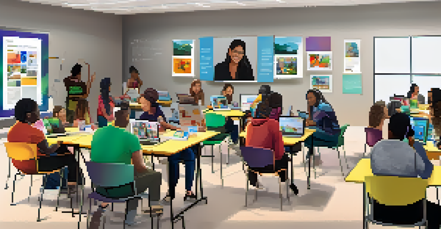 A vibrant digital storytelling workshop in a community center, with participants sharing stories using laptops.